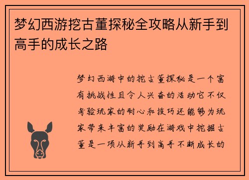 梦幻西游挖古董探秘全攻略从新手到高手的成长之路